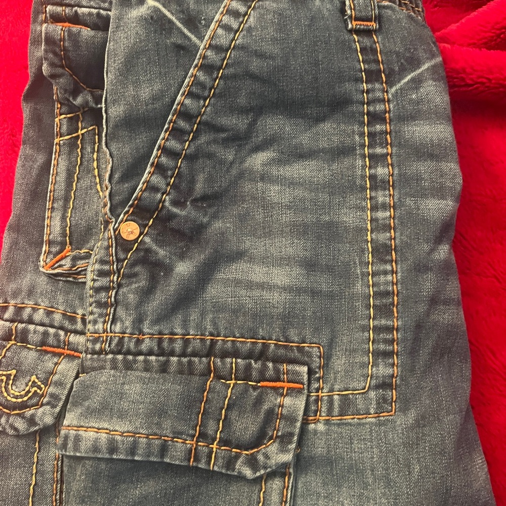 True Religion Relaxed Fit Jeans - Blue with Tan Stitching